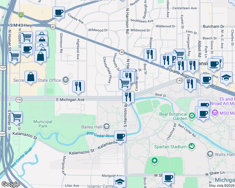 map of restaurants, bars, coffee shops, grocery stores, and more near 906 East Michigan Avenue in East Lansing
