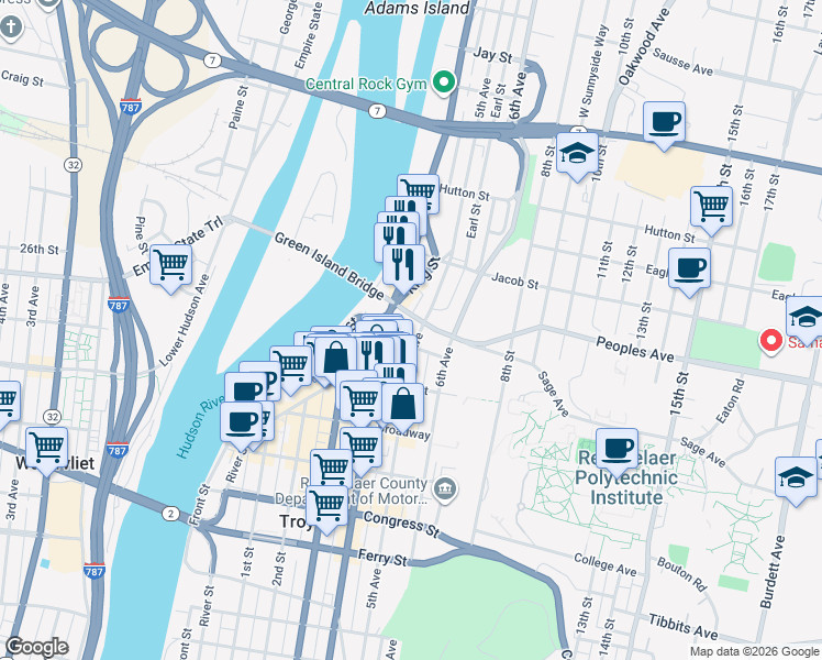 map of restaurants, bars, coffee shops, grocery stores, and more near 424 Grand Street in Troy