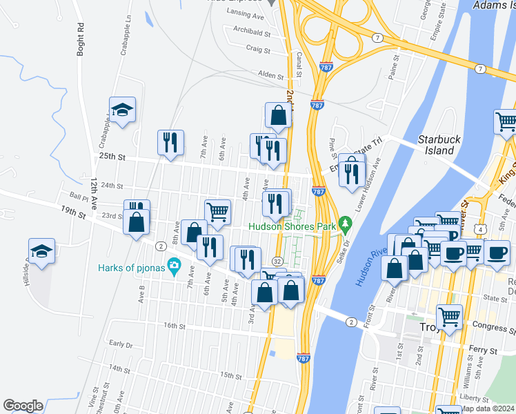 map of restaurants, bars, coffee shops, grocery stores, and more near 2321 3rd Avenue in Watervliet