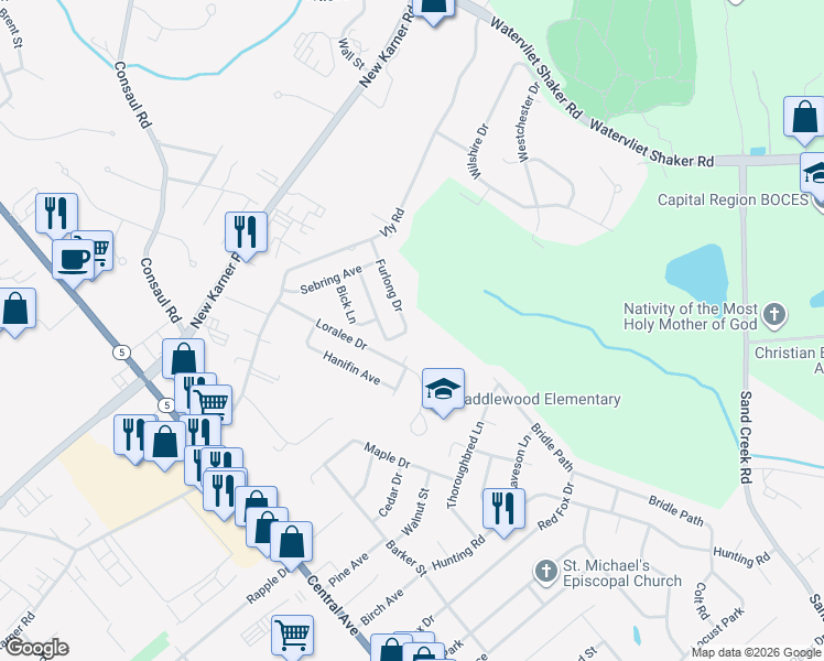 map of restaurants, bars, coffee shops, grocery stores, and more near 50 Furlong Drive in Colonie