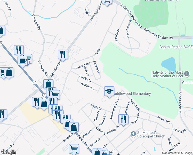 map of restaurants, bars, coffee shops, grocery stores, and more near 32 Loralee Drive in Colonie
