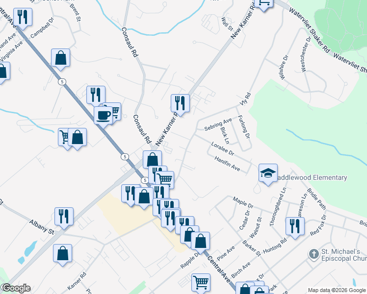 map of restaurants, bars, coffee shops, grocery stores, and more near 33 Vly Road in Colonie