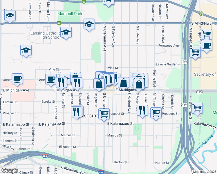 map of restaurants, bars, coffee shops, grocery stores, and more near 2019 East Michigan Avenue in Lansing