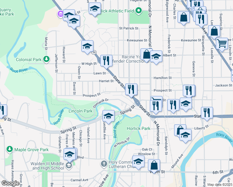 map of restaurants, bars, coffee shops, grocery stores, and more near 1822 Domanik Drive in Racine