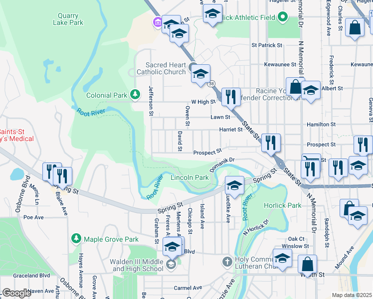 map of restaurants, bars, coffee shops, grocery stores, and more near 2321 Prospect Street in Racine