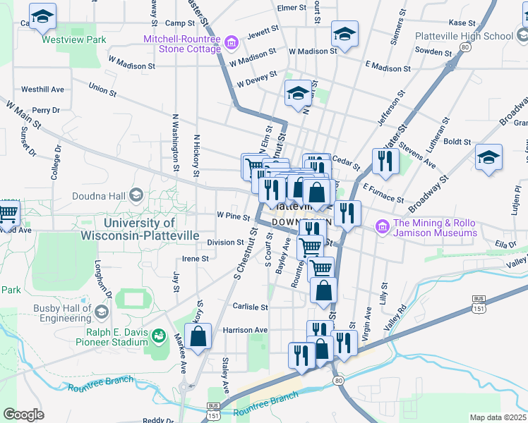 map of restaurants, bars, coffee shops, grocery stores, and more near 80 South Court Street in Platteville