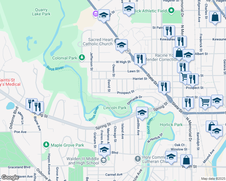 map of restaurants, bars, coffee shops, grocery stores, and more near 2321 Prospect Street in Racine