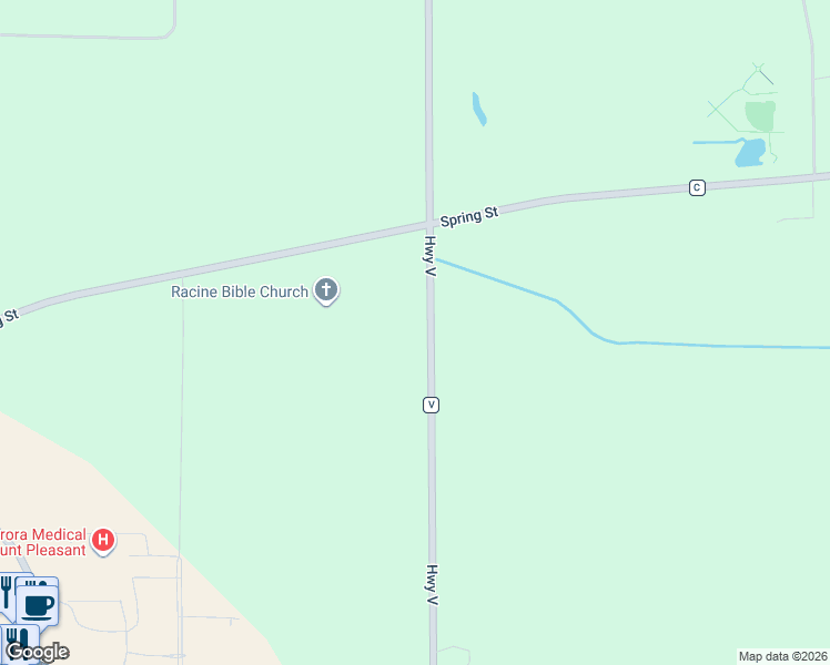 map of restaurants, bars, coffee shops, grocery stores, and more near 118 County Road V in Sturtevant