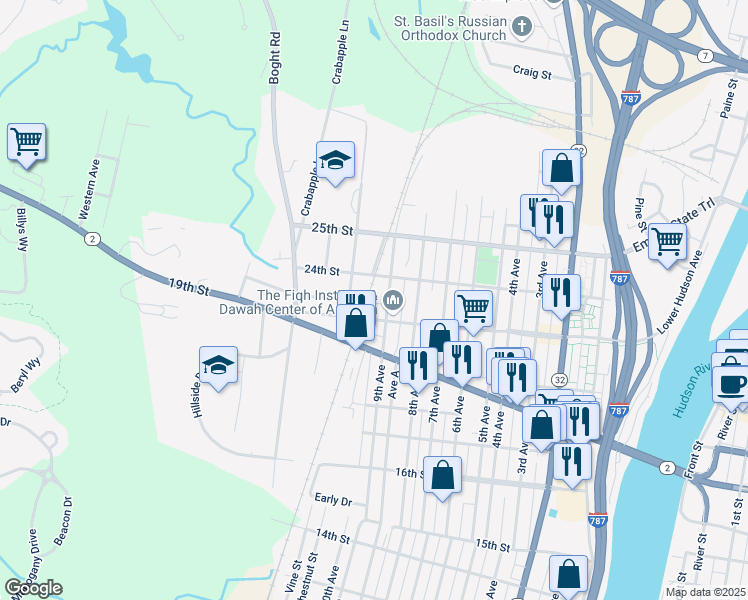 map of restaurants, bars, coffee shops, grocery stores, and more near 1 Railroad Avenue in Watervliet