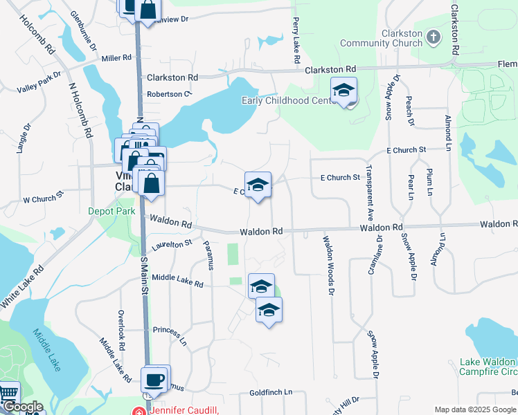 map of restaurants, bars, coffee shops, grocery stores, and more near 6558 Waldon Road in Clarkston