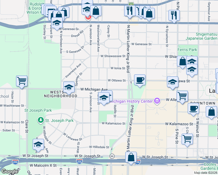 map of restaurants, bars, coffee shops, grocery stores, and more near 1229 West Michigan Avenue in Lansing