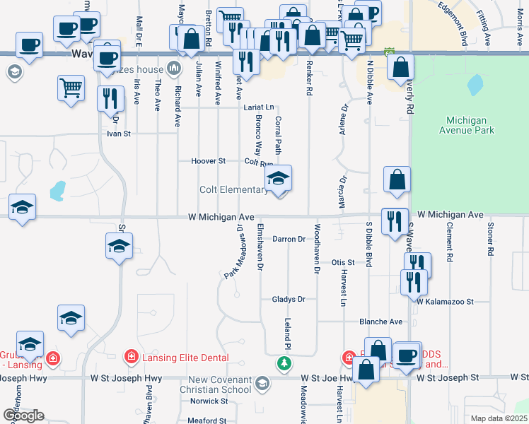 map of restaurants, bars, coffee shops, grocery stores, and more near 4344 West Michigan Avenue in Lansing