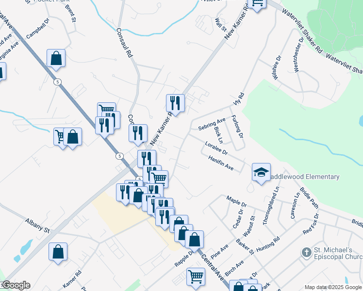map of restaurants, bars, coffee shops, grocery stores, and more near 40 Valley Road in Albany