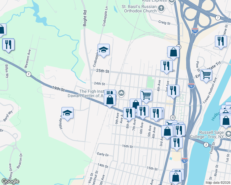 map of restaurants, bars, coffee shops, grocery stores, and more near 1 Railroad Avenue in Watervliet