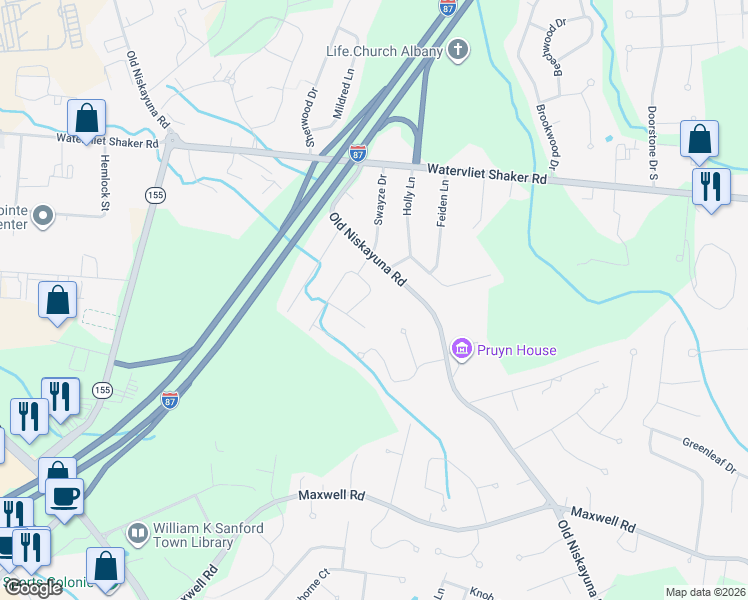 map of restaurants, bars, coffee shops, grocery stores, and more near 8 Bayberry Drive in Latham