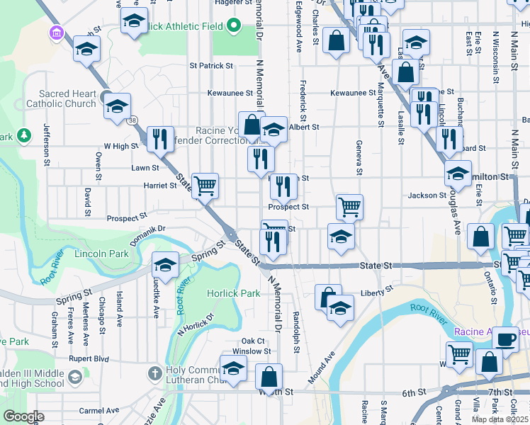 map of restaurants, bars, coffee shops, grocery stores, and more near 1027 North Memorial Drive in Racine