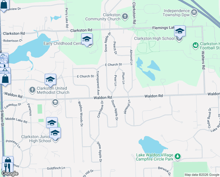 map of restaurants, bars, coffee shops, grocery stores, and more near 6517 Snow Apple Drive in Clarkston