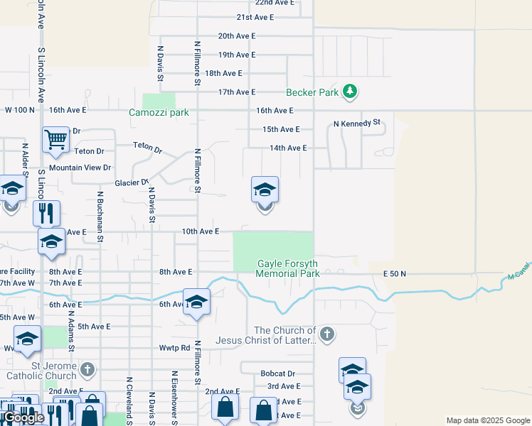 map of restaurants, bars, coffee shops, grocery stores, and more near 934 10th Avenue East in Jerome