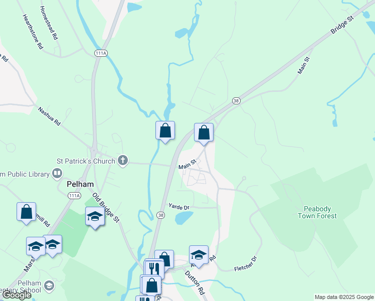 map of restaurants, bars, coffee shops, grocery stores, and more near 114a Main Street in Pelham