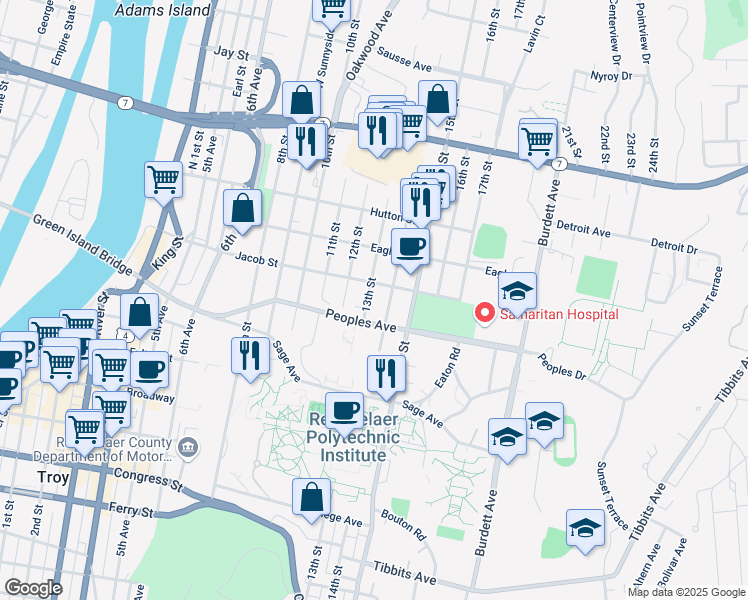 map of restaurants, bars, coffee shops, grocery stores, and more near 2151 13th Street in Troy