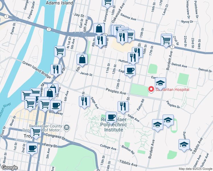 map of restaurants, bars, coffee shops, grocery stores, and more near 1223 Peoples Avenue in Troy