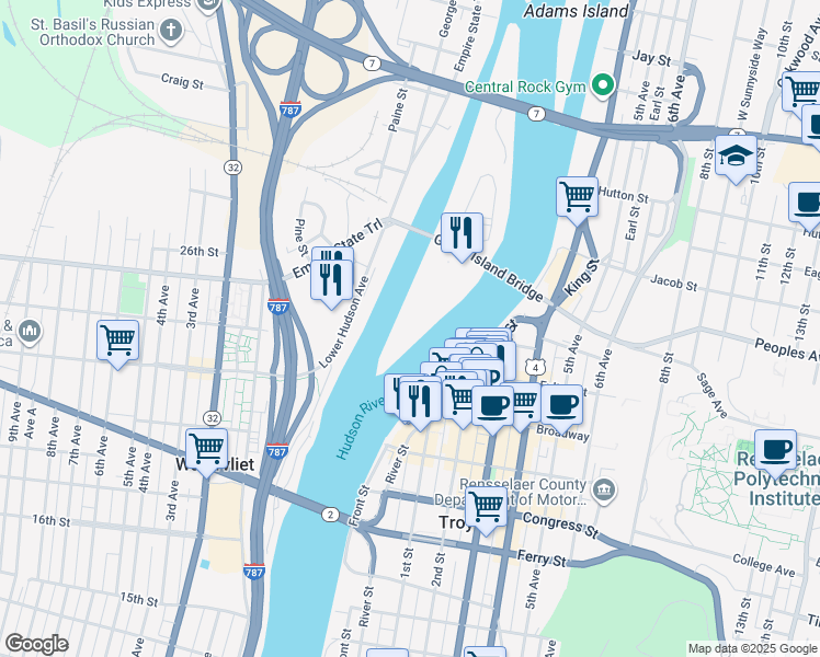 map of restaurants, bars, coffee shops, grocery stores, and more near Front St in Troy