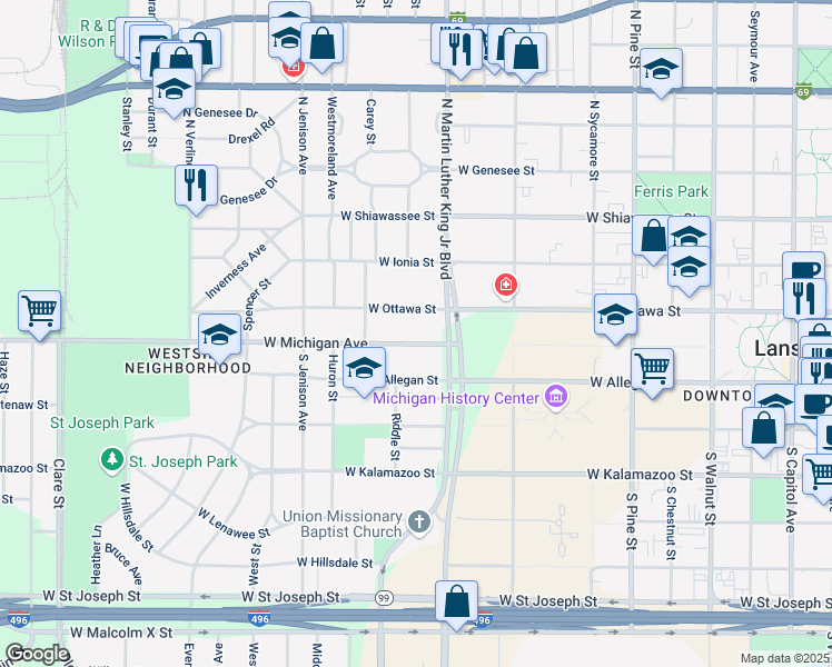 map of restaurants, bars, coffee shops, grocery stores, and more near 1125 West Michigan Avenue in Lansing