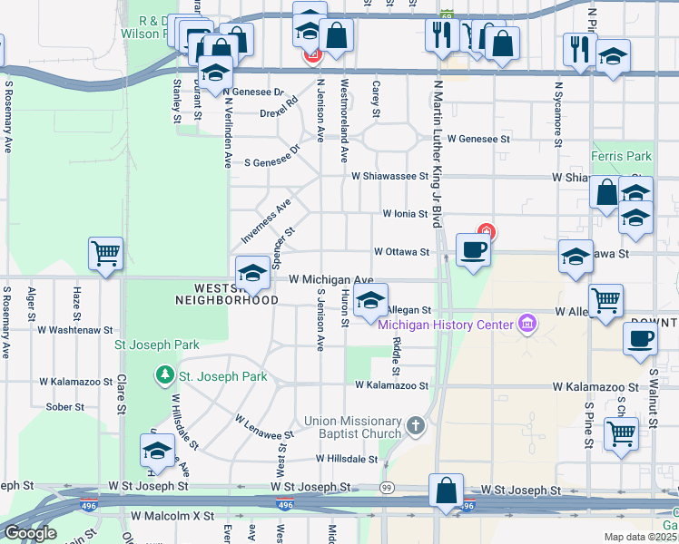 map of restaurants, bars, coffee shops, grocery stores, and more near 1323 West Michigan Avenue in Lansing