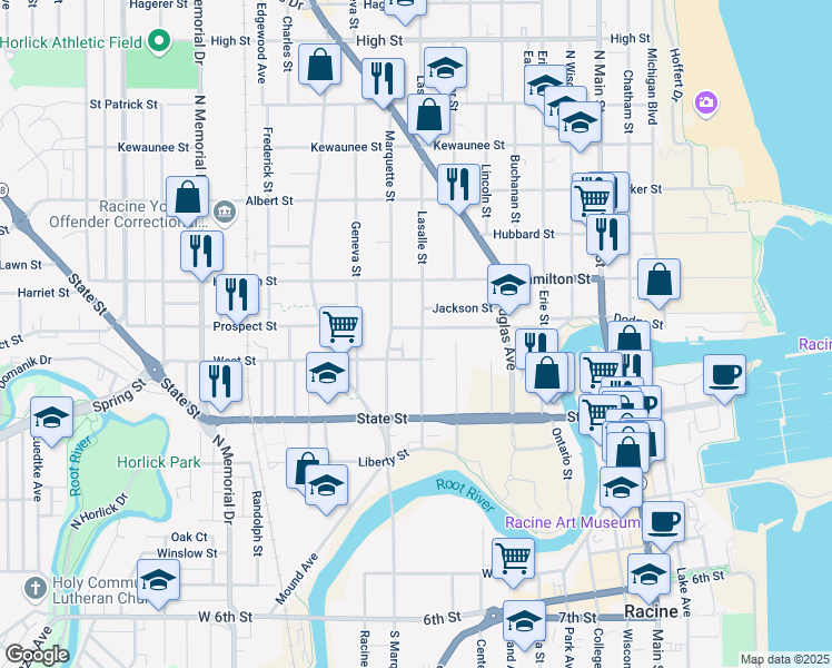 map of restaurants, bars, coffee shops, grocery stores, and more near 1005 Gideon Court in Racine