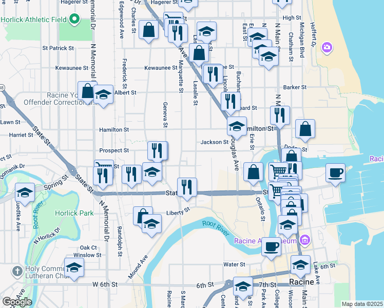 map of restaurants, bars, coffee shops, grocery stores, and more near 1005 Gideon Court in Racine