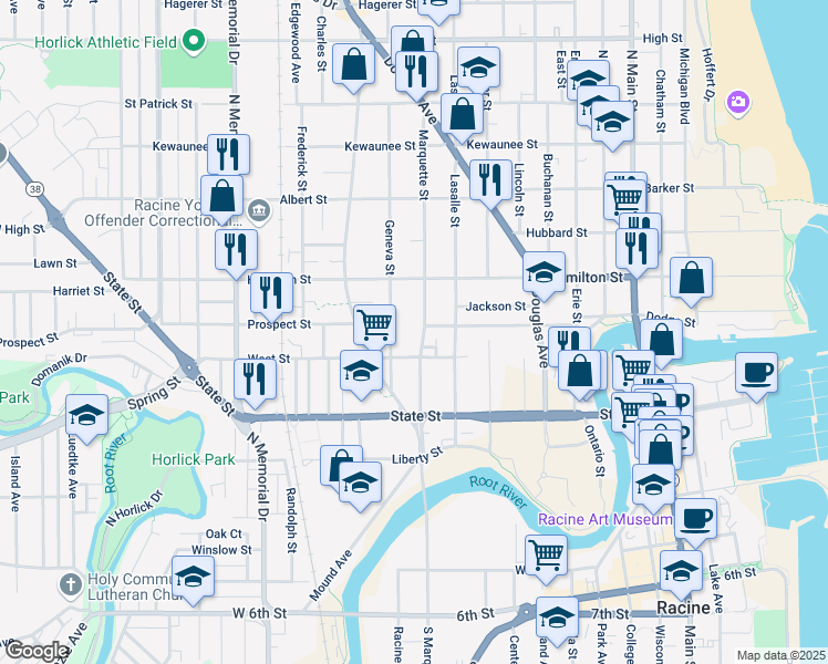 map of restaurants, bars, coffee shops, grocery stores, and more near 1108 West Street in Racine
