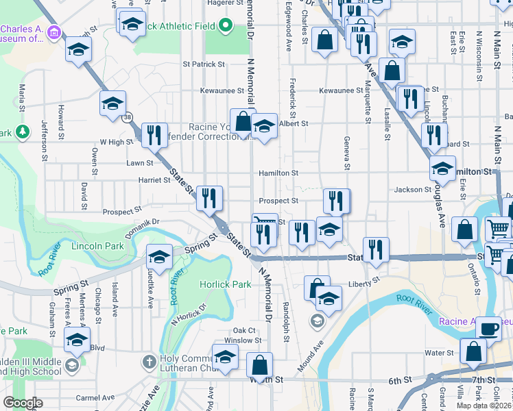 map of restaurants, bars, coffee shops, grocery stores, and more near 1524 West Street in Racine