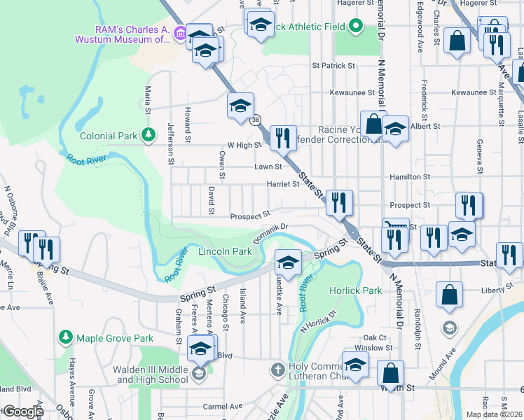 map of restaurants, bars, coffee shops, grocery stores, and more near 2015 Prospect Street in Racine
