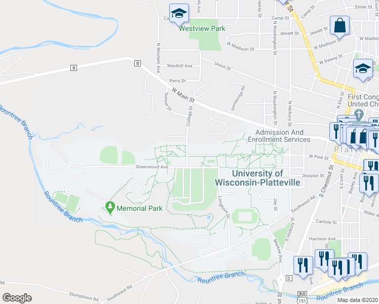 map of restaurants, bars, coffee shops, grocery stores, and more near 1200 Greenwood Avenue in Platteville