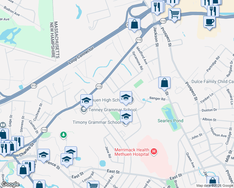 map of restaurants, bars, coffee shops, grocery stores, and more near 17 Stadium Road in Methuen