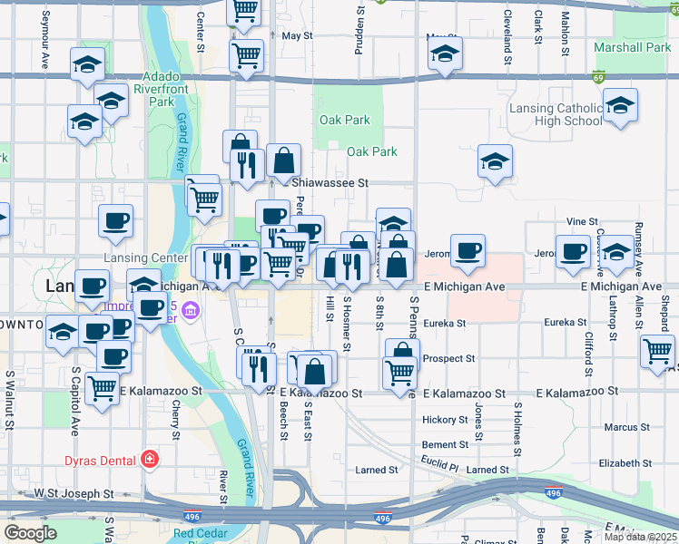 map of restaurants, bars, coffee shops, grocery stores, and more near 735 East Michigan Avenue in Lansing