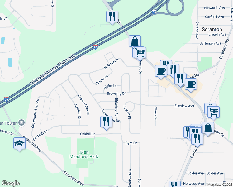 map of restaurants, bars, coffee shops, grocery stores, and more near 84 Browning Drive in Hamburg