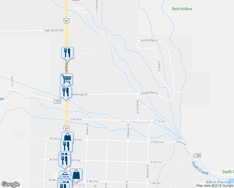 map of restaurants, bars, coffee shops, grocery stores, and more near Rockbridge Drive in Afton