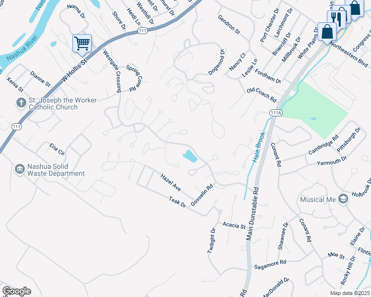 map of restaurants, bars, coffee shops, grocery stores, and more near 41 Westgate Crossing in Nashua