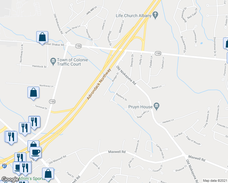 map of restaurants, bars, coffee shops, grocery stores, and more near 44 Swayze Drive in Latham