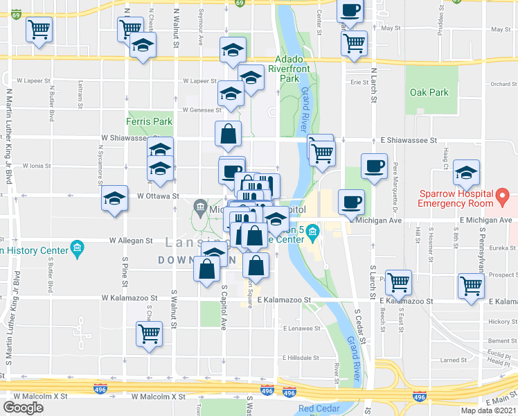 map of restaurants, bars, coffee shops, grocery stores, and more near 120 North Washington Square in Lansing