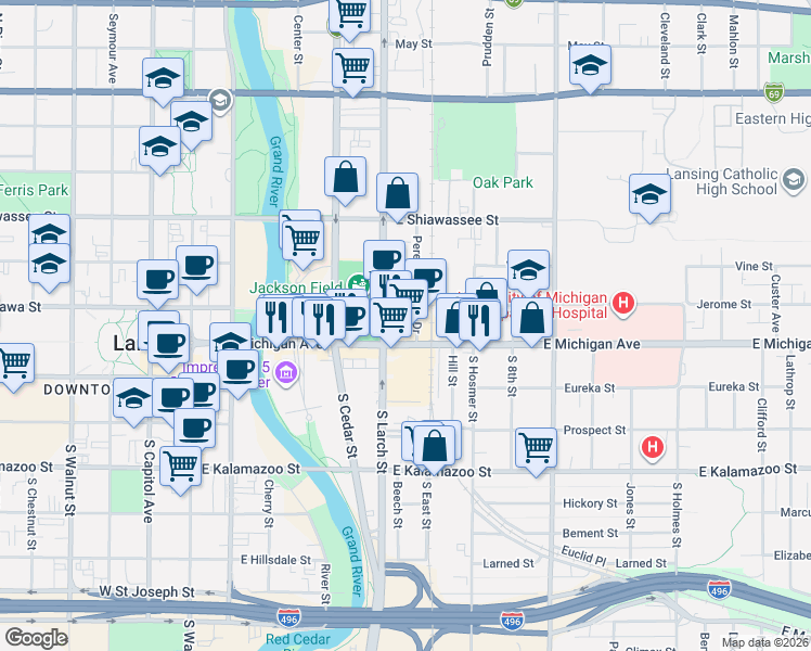 map of restaurants, bars, coffee shops, grocery stores, and more near in Lansing
