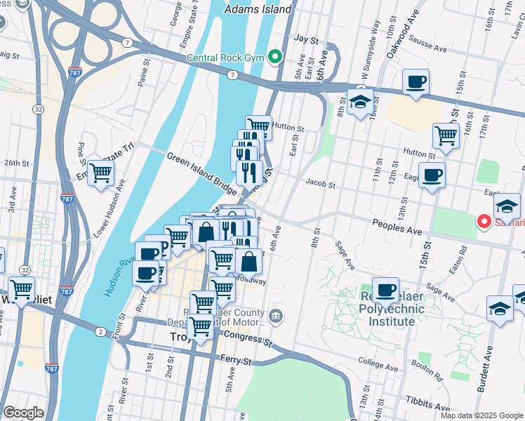 map of restaurants, bars, coffee shops, grocery stores, and more near 5th Avenue & Federal Street in Troy