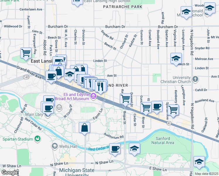 map of restaurants, bars, coffee shops, grocery stores, and more near 726 Albert Street in East Lansing