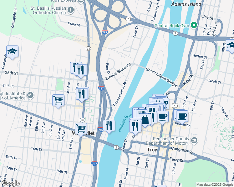 map of restaurants, bars, coffee shops, grocery stores, and more near 21-99 Lower Hudson Ave in Green Island