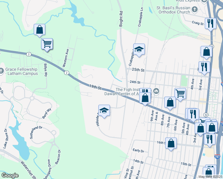 map of restaurants, bars, coffee shops, grocery stores, and more near 1222 19th Street in Watervliet