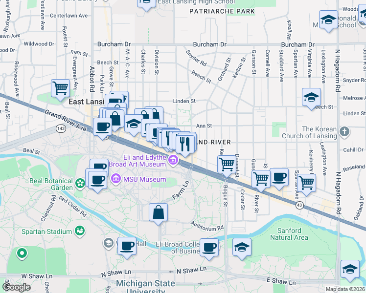 map of restaurants, bars, coffee shops, grocery stores, and more near 641 East Grand River Road in East Lansing