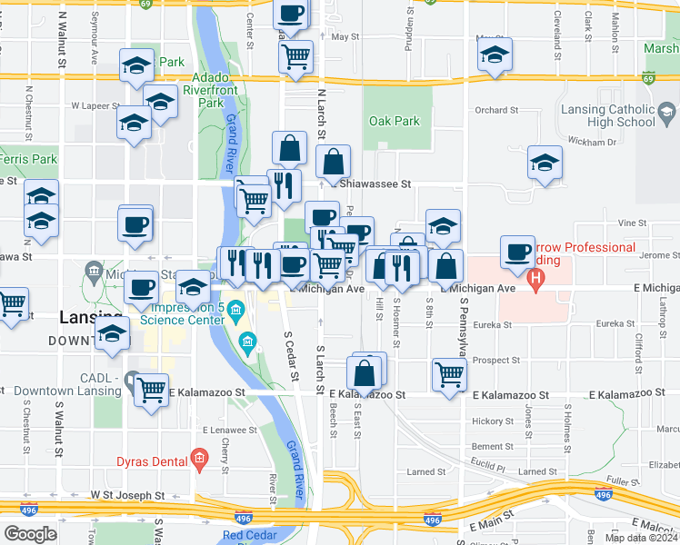map of restaurants, bars, coffee shops, grocery stores, and more near in Lansing