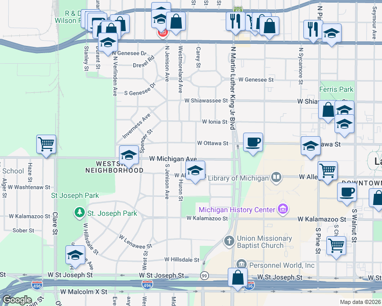 map of restaurants, bars, coffee shops, grocery stores, and more near 1323 West Michigan Avenue in Lansing