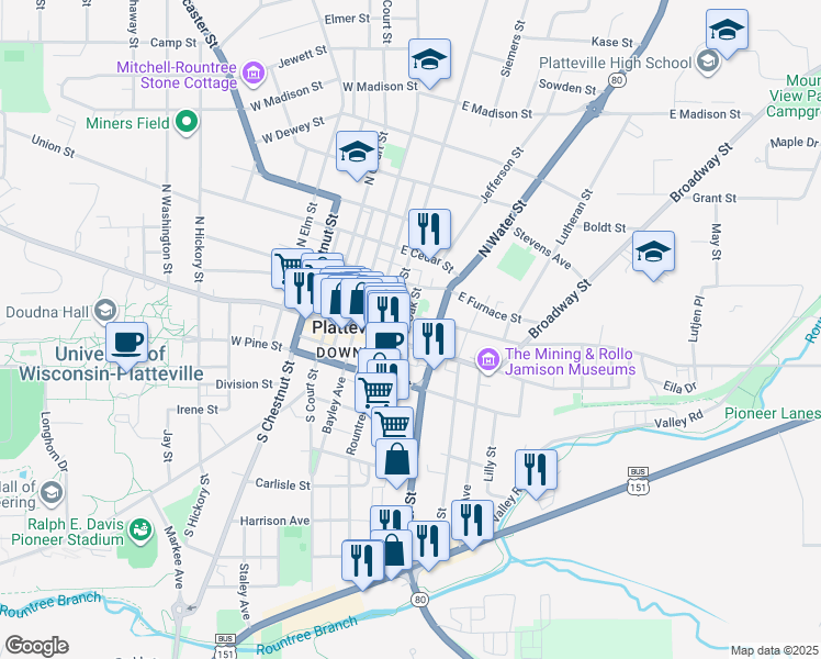map of restaurants, bars, coffee shops, grocery stores, and more near 195 East Main Street in Platteville